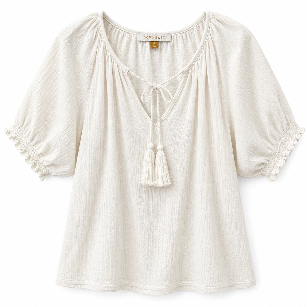 DOWNEAST Cream Boho Peasant Blouse Cottagecore Tassel Tie Top Romantic | Medium